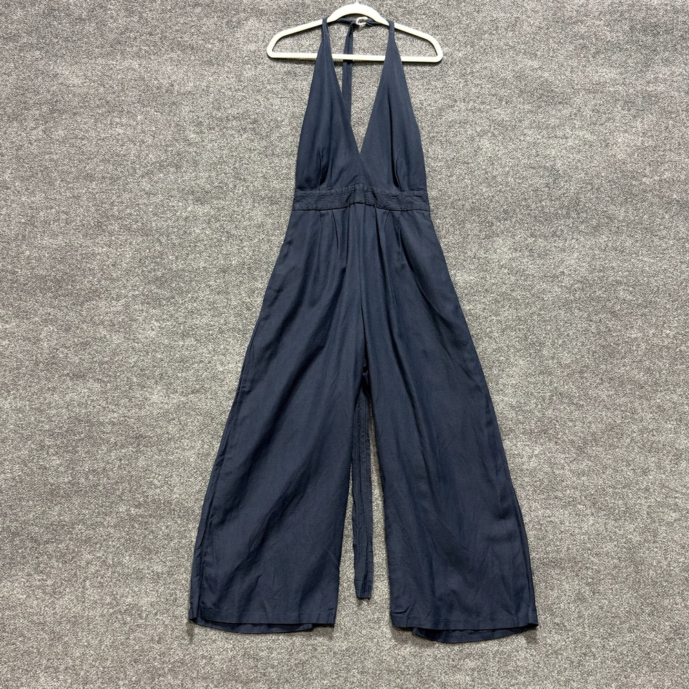 Adam Lippes Jumpsuit Womens 6 Blue Halter Wide Leg Belted Linen Open Back